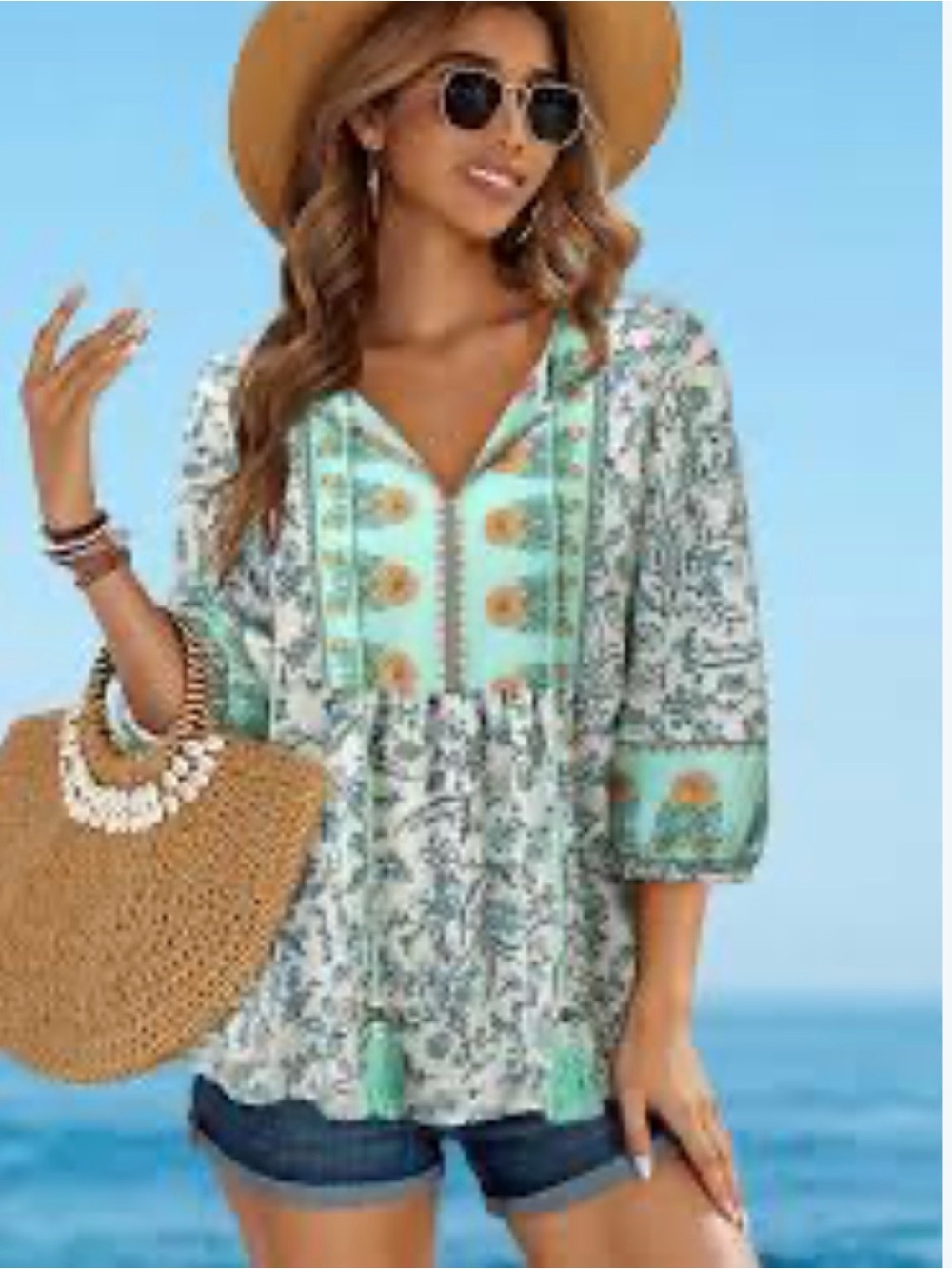 Mint Floral Boho Peasant Tunic Top - Women